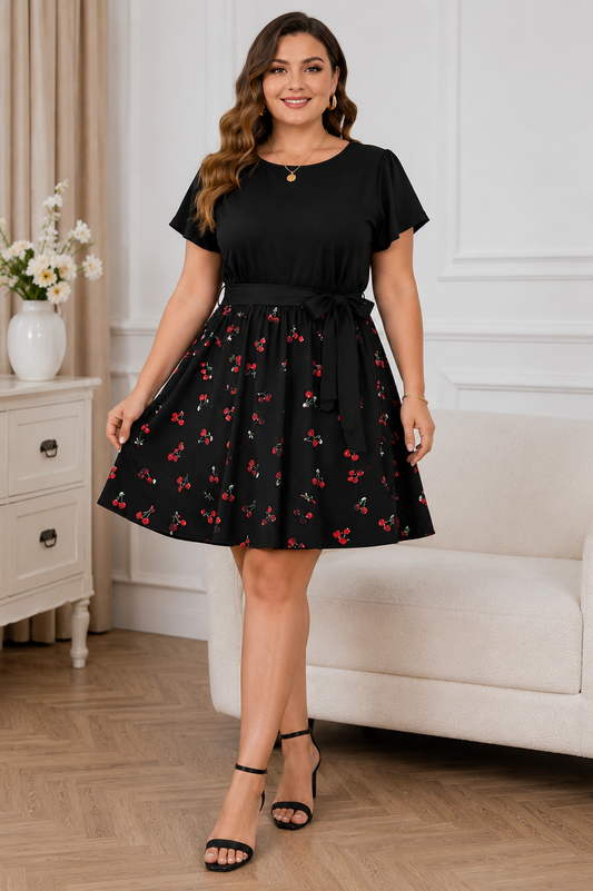 Plus Size Black Cherry Print Short Dress