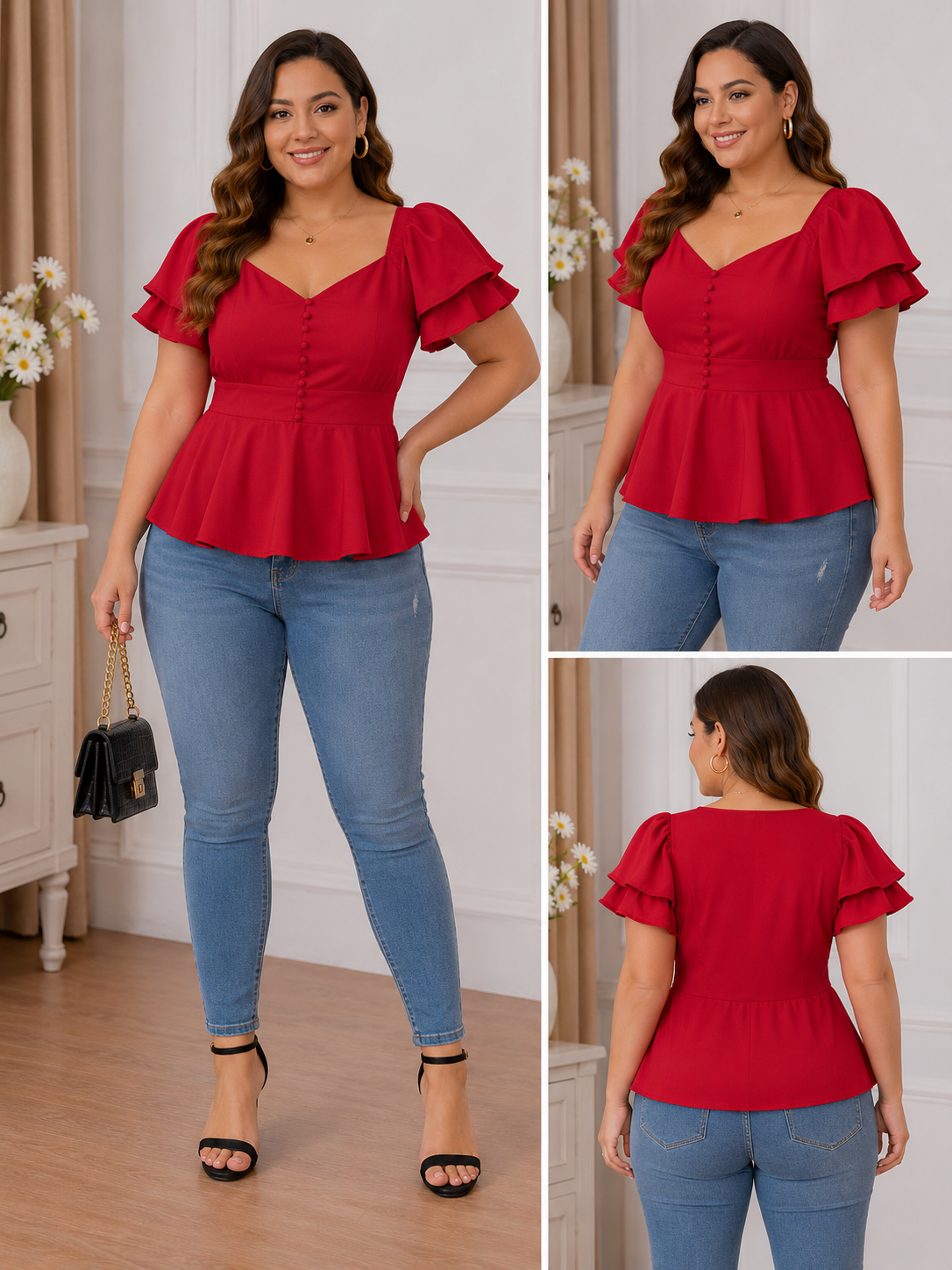 Plus Size Elegant Red Peplum Blouse