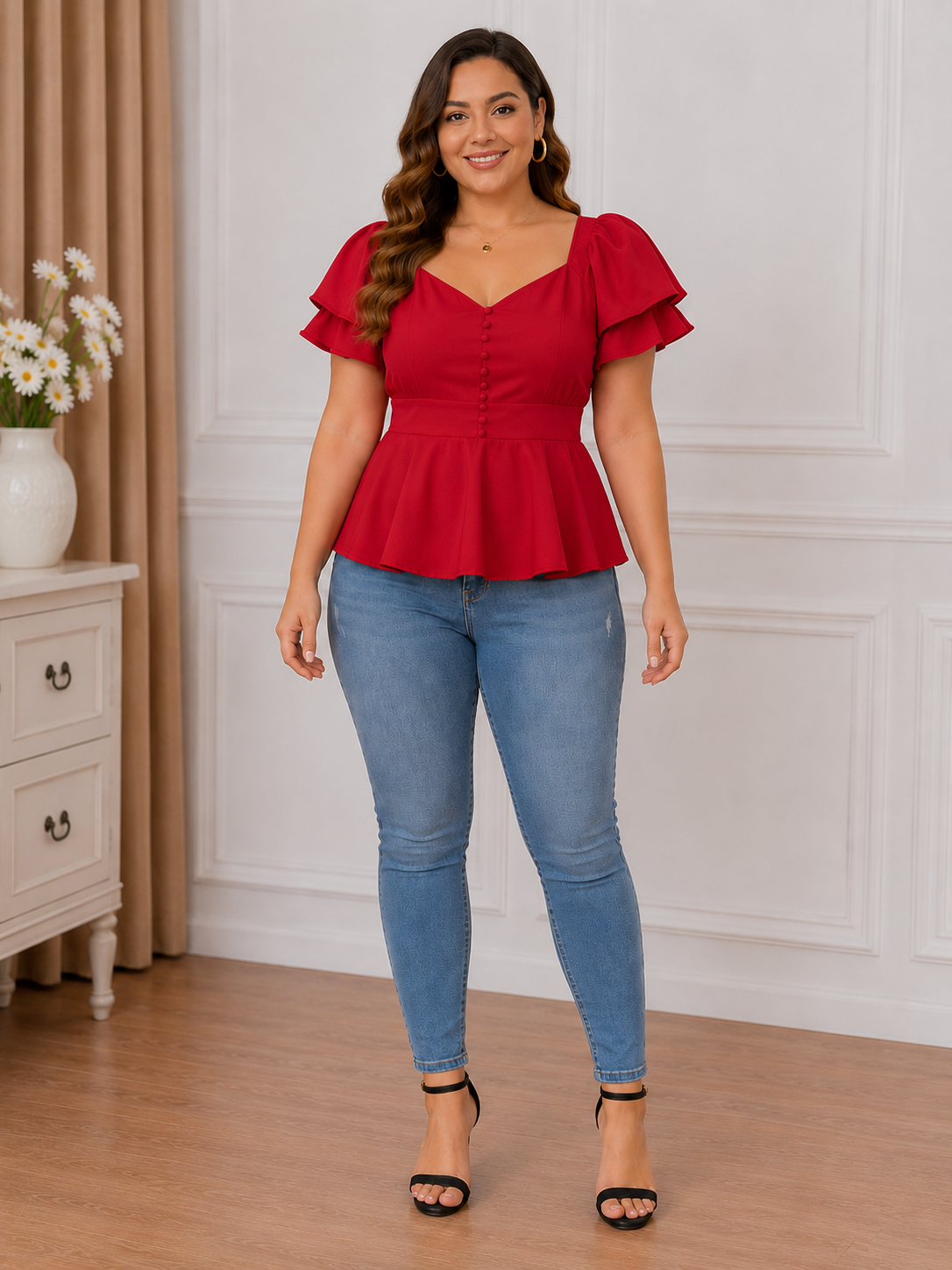 Plus Size Elegant Red Peplum Blouse