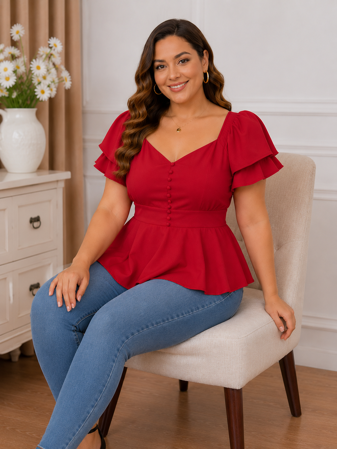 Plus Size Elegant Red Peplum Blouse