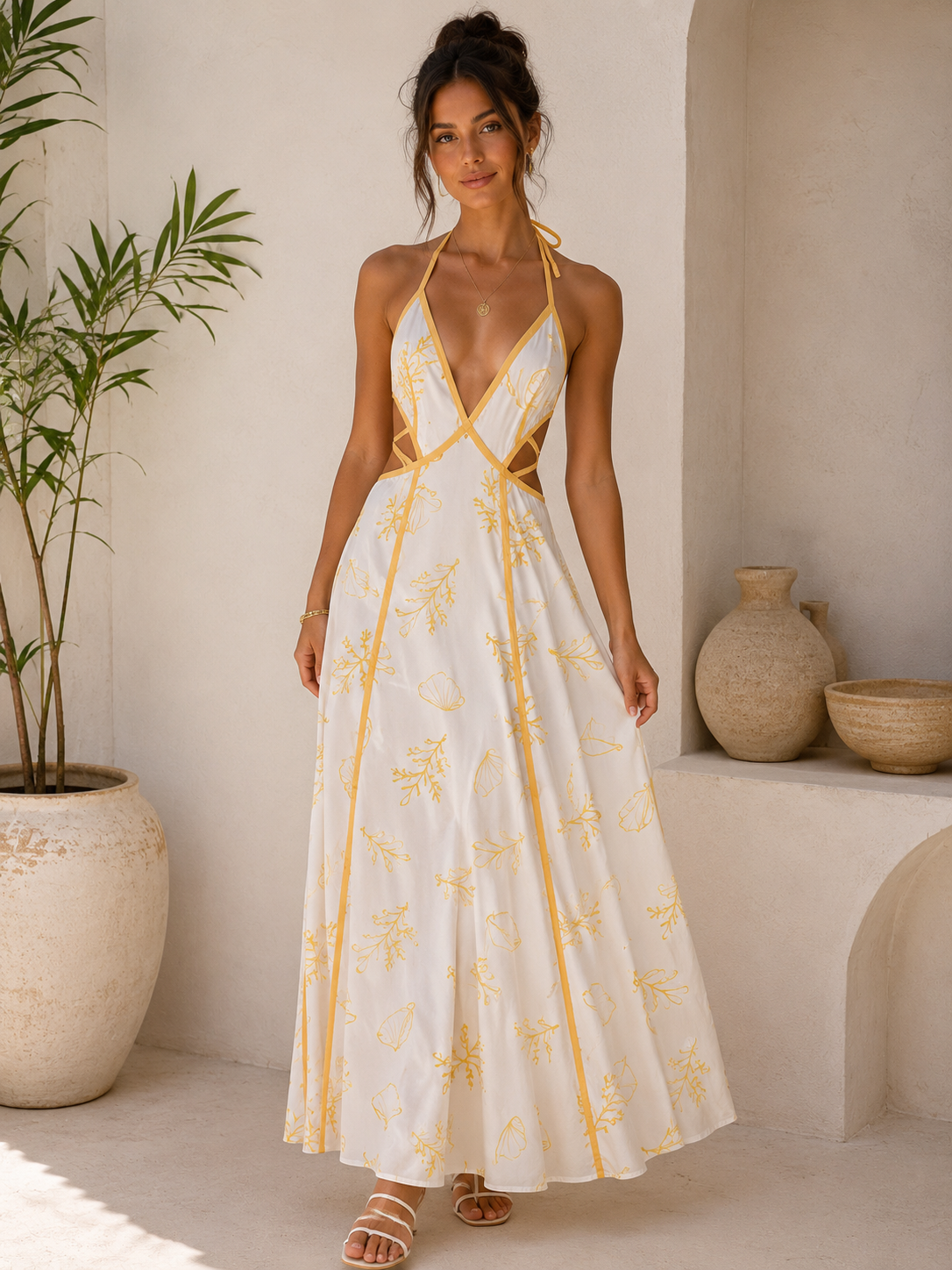 Yellow & White Tropical Print Halter Maxi Dress