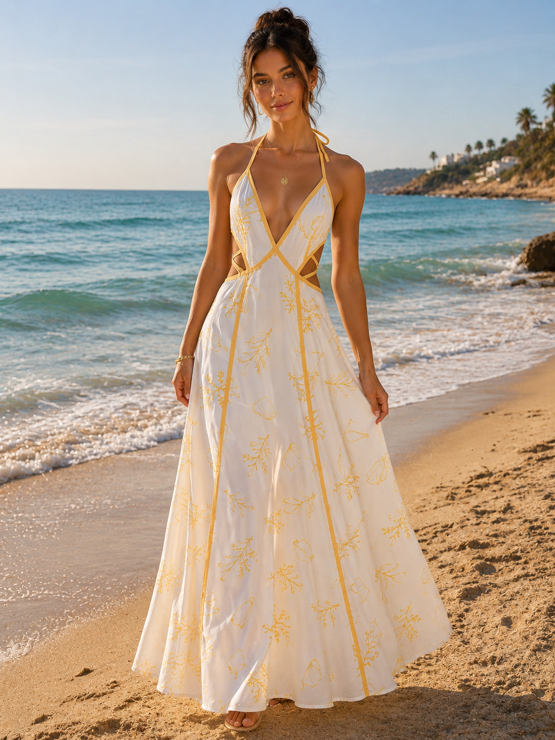 Yellow & White Tropical Print Halter Maxi Dress