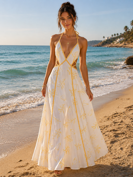 Yellow & White Tropical Print Halter Maxi Dress