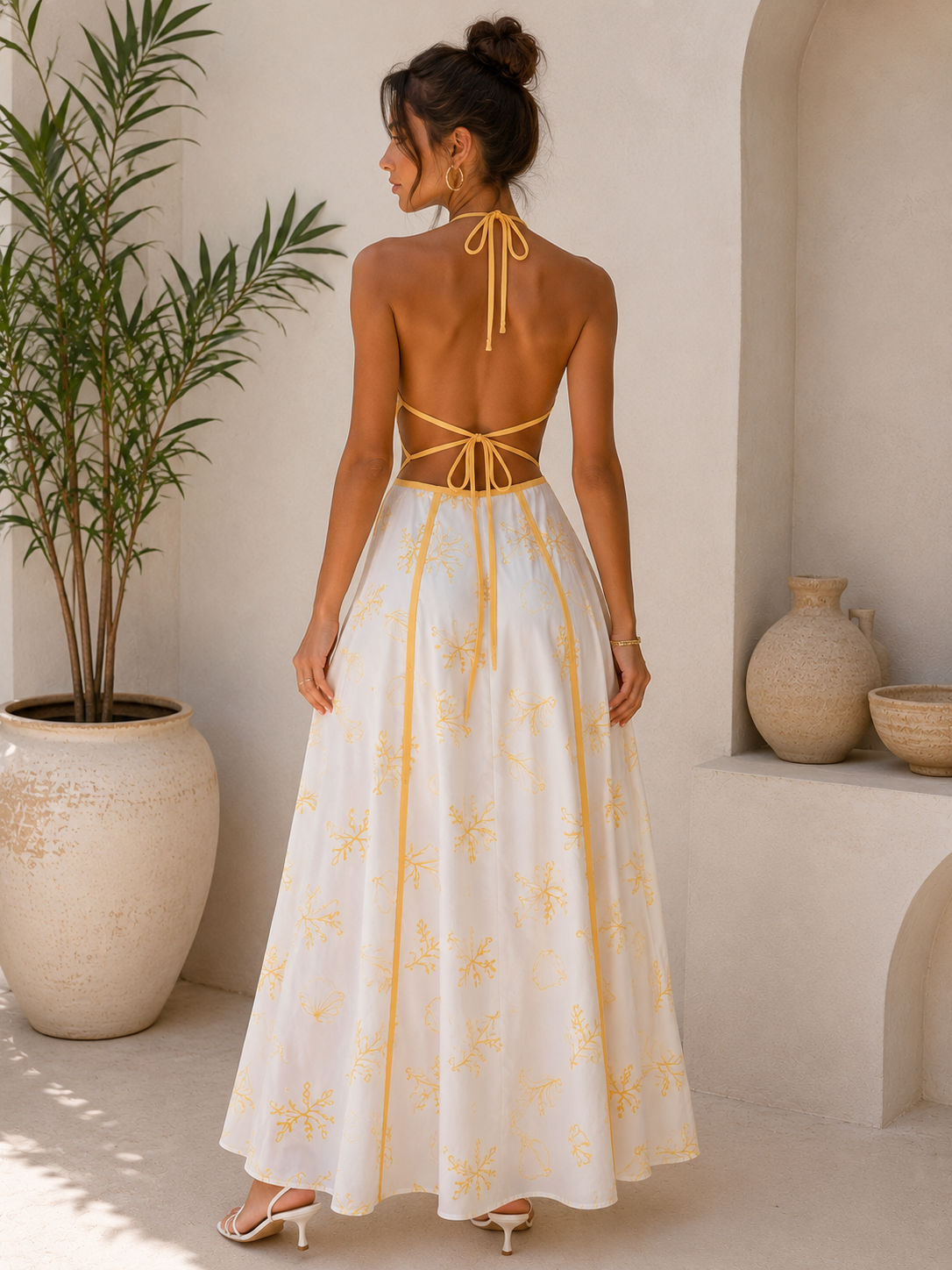 Yellow & White Tropical Print Halter Maxi Dress