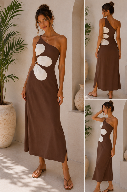 Brown & Ivory Cut-Out Maxi Dress