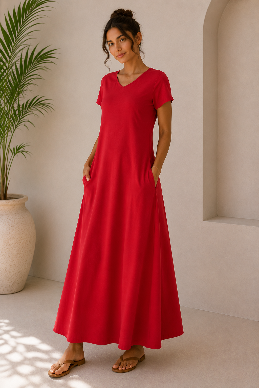 Red Maxi Dress with Side Pockets