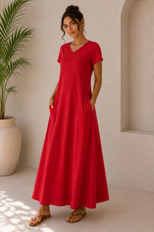 Red Maxi Dress with Side Pockets