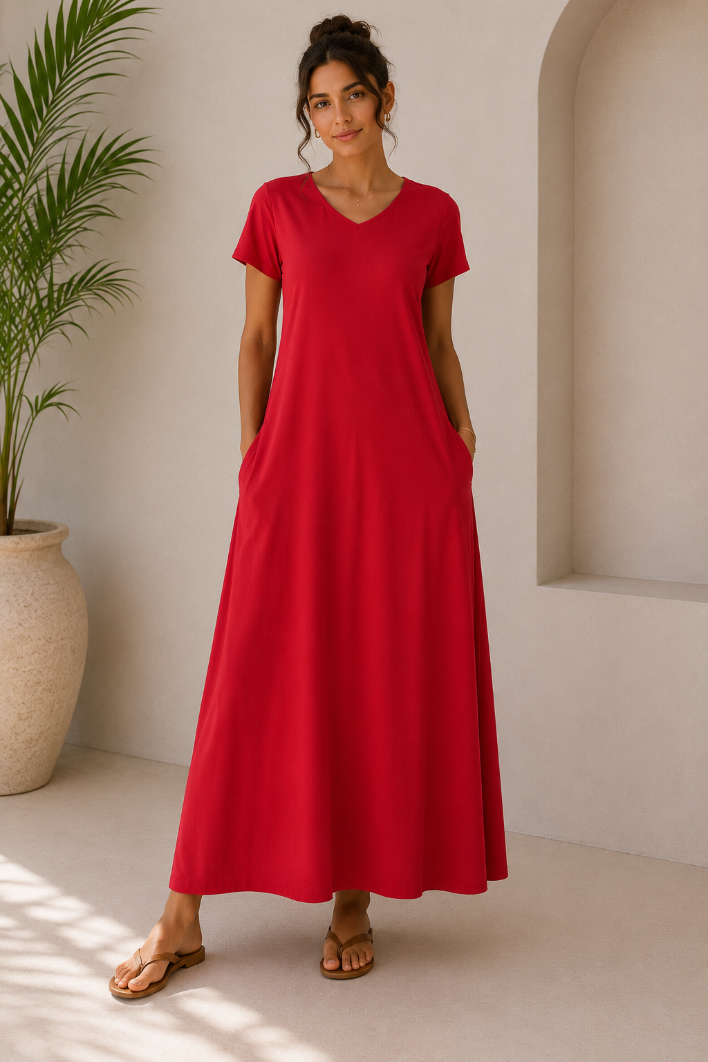 Red Maxi Dress with Side Pockets