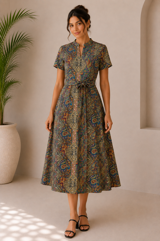 Bohemian Printed Midi Dress with Waist Tie Belt