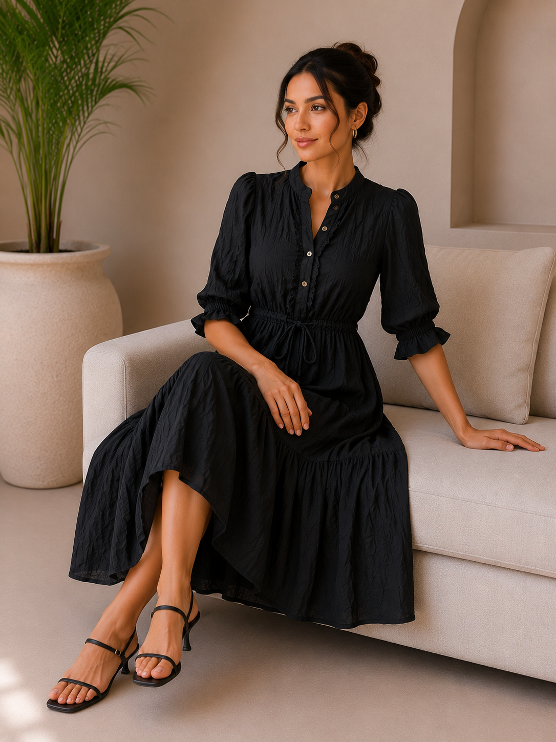 Elegant Black Midi Dress with Front Button Detail