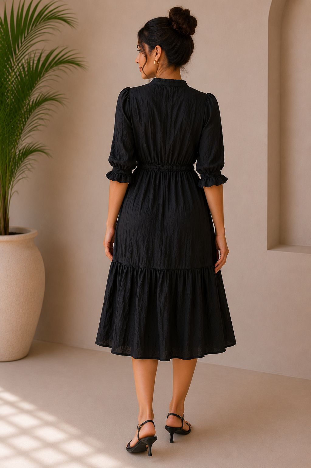 Elegant Black Midi Dress with Front Button Detail