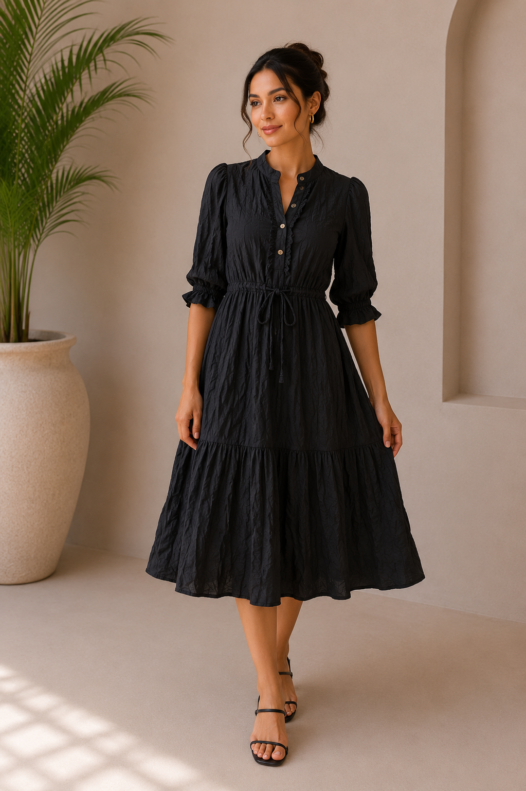 Elegant Black Midi Dress with Front Button Detail