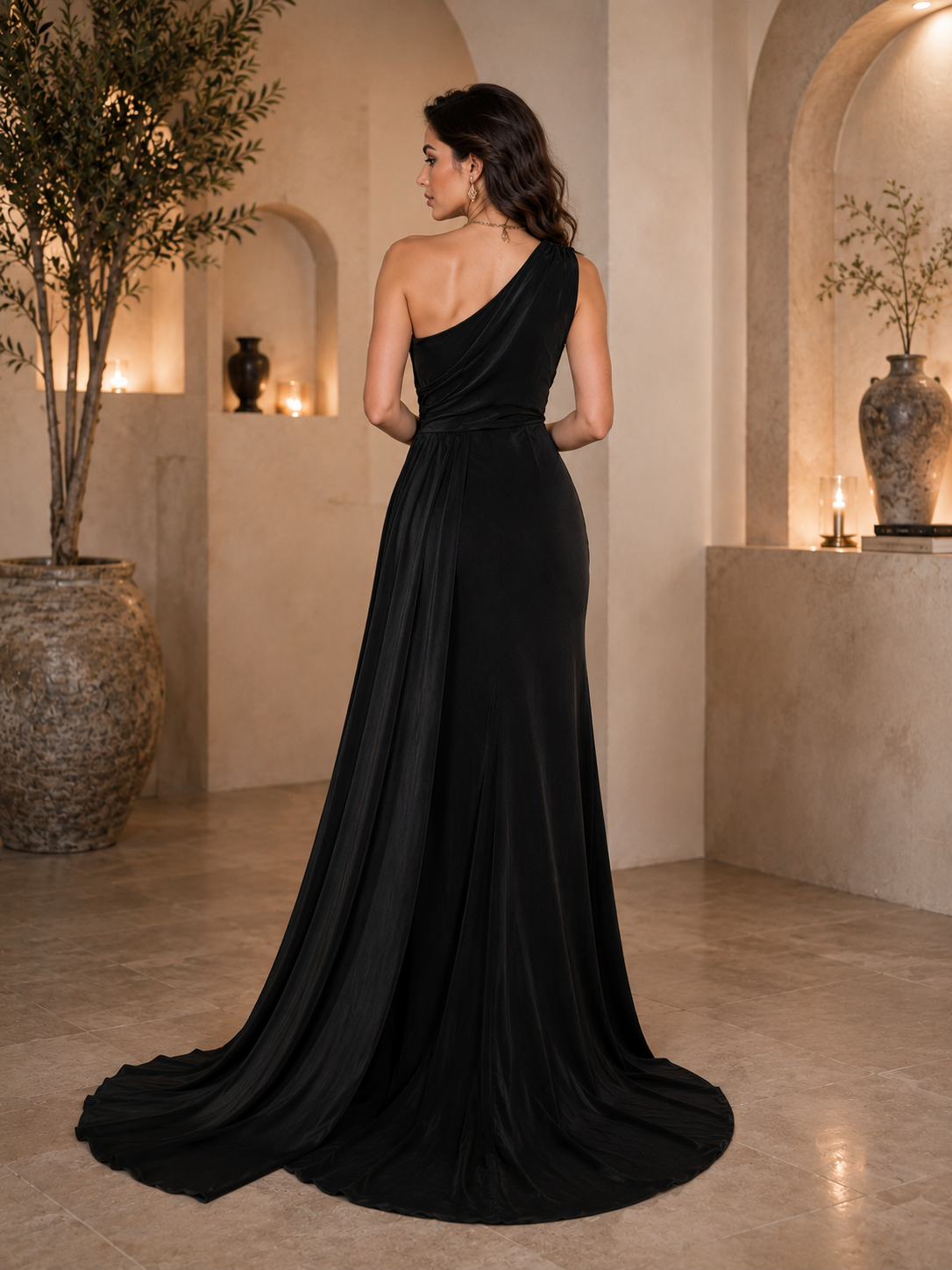 Black One-Shoulder Evening Dress with Side Slit