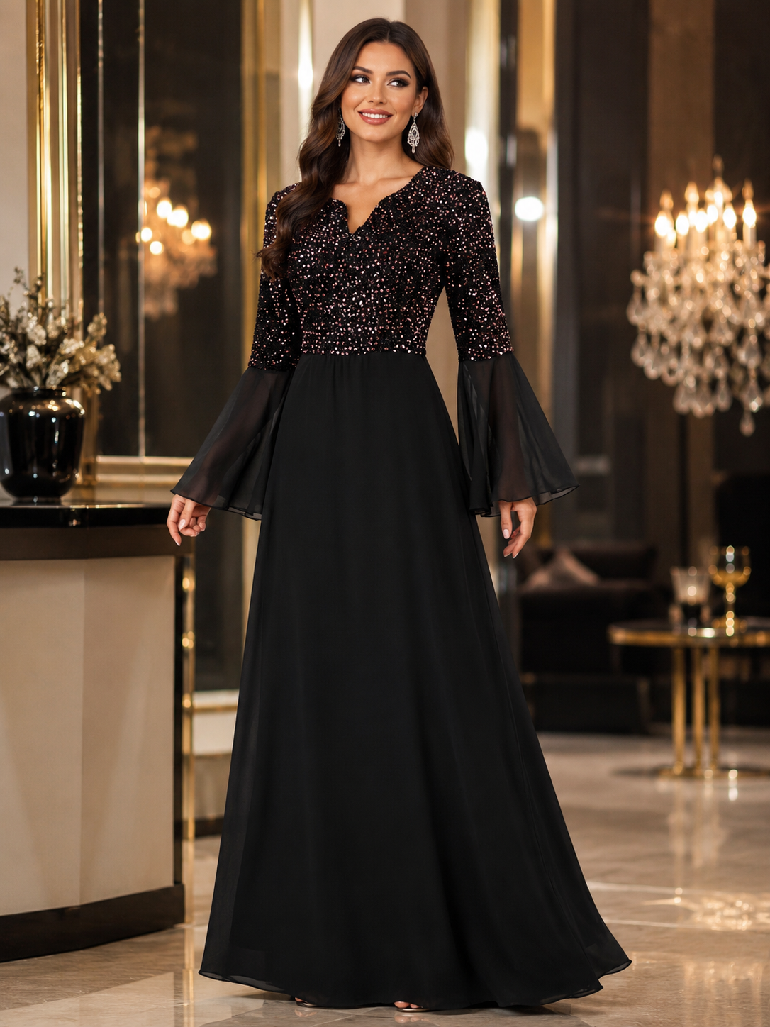 Black Sequin Chiffon Evening Dress