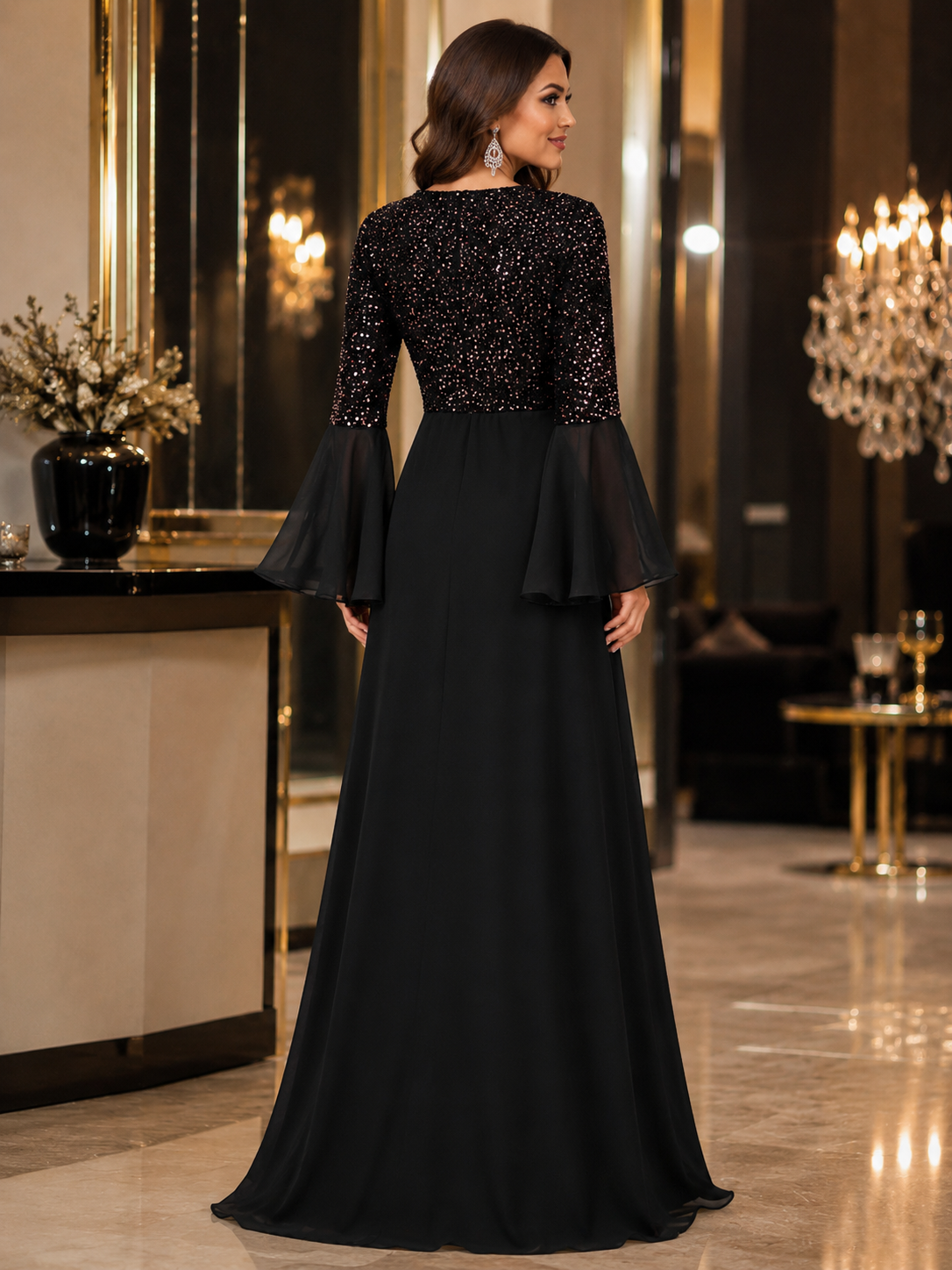 Black Sequin Chiffon Evening Dress
