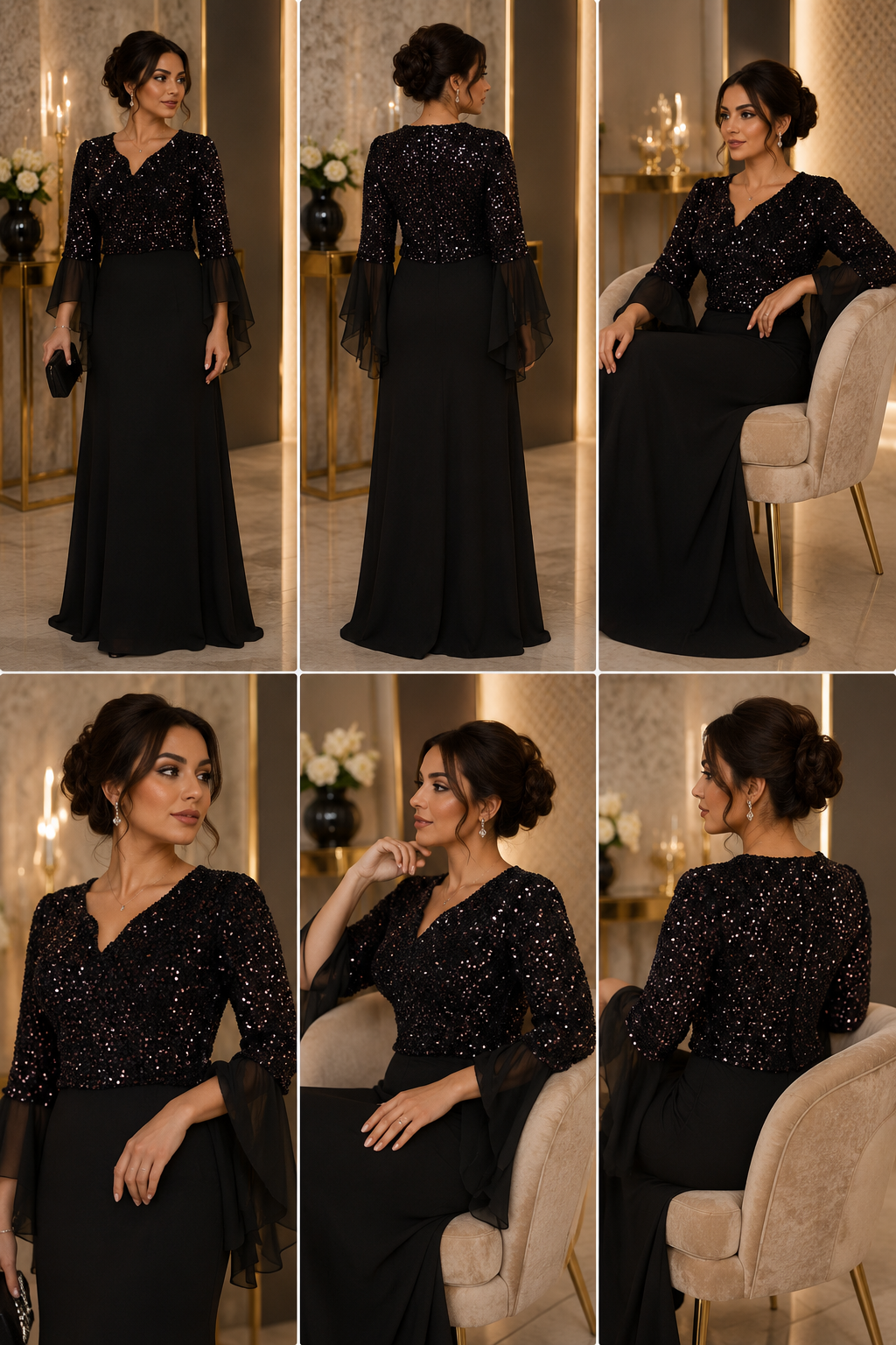 Black Sequin Chiffon Evening Dress