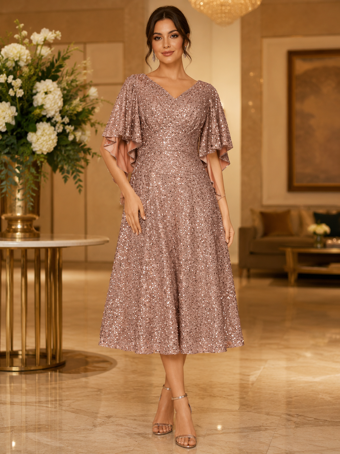 Rose Gold Sequin Midi Evening Dress