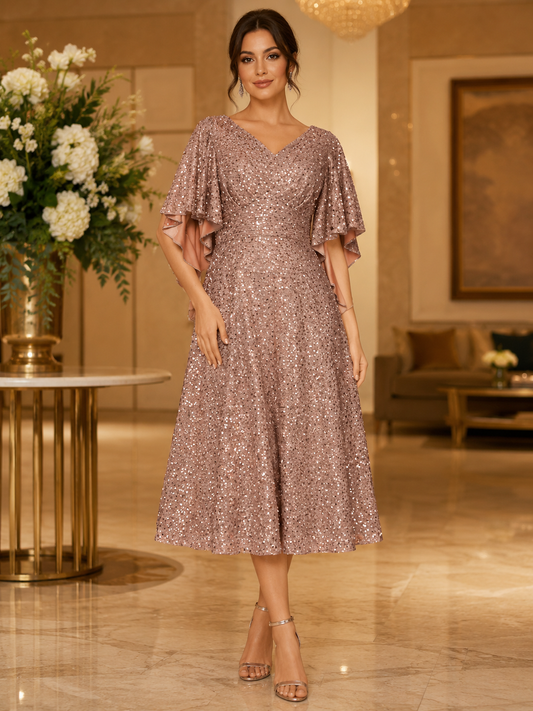 Rose Gold Sequin Midi Evening Dress - فستان سهرة ميدي بلون روز جولد بترتر
