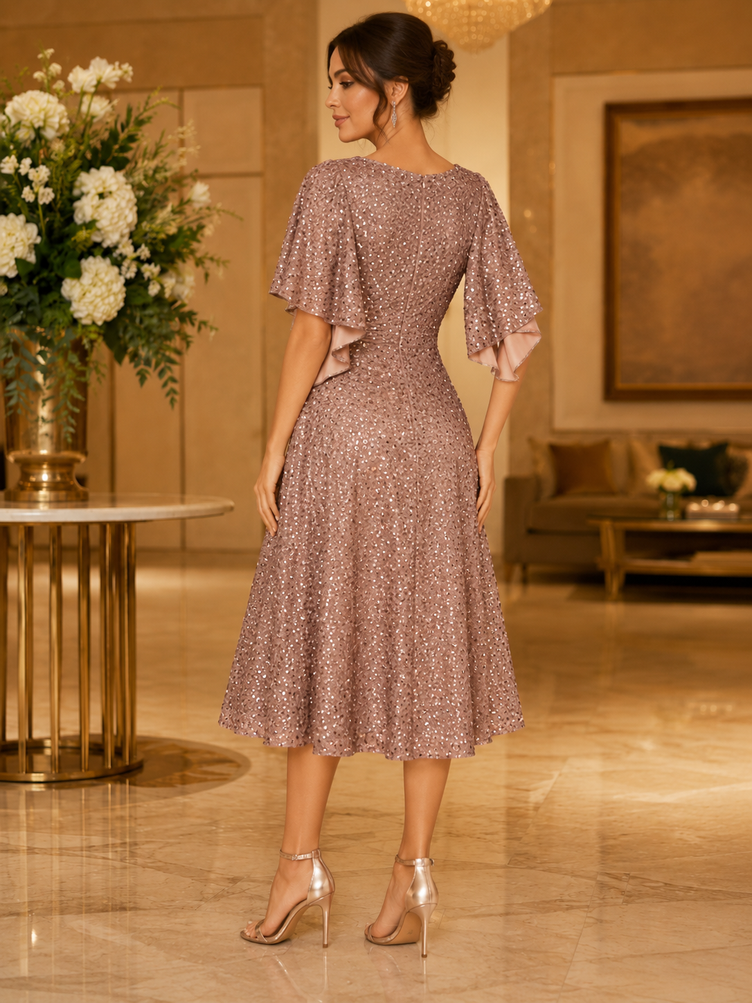 Rose Gold Sequin Midi Evening Dress