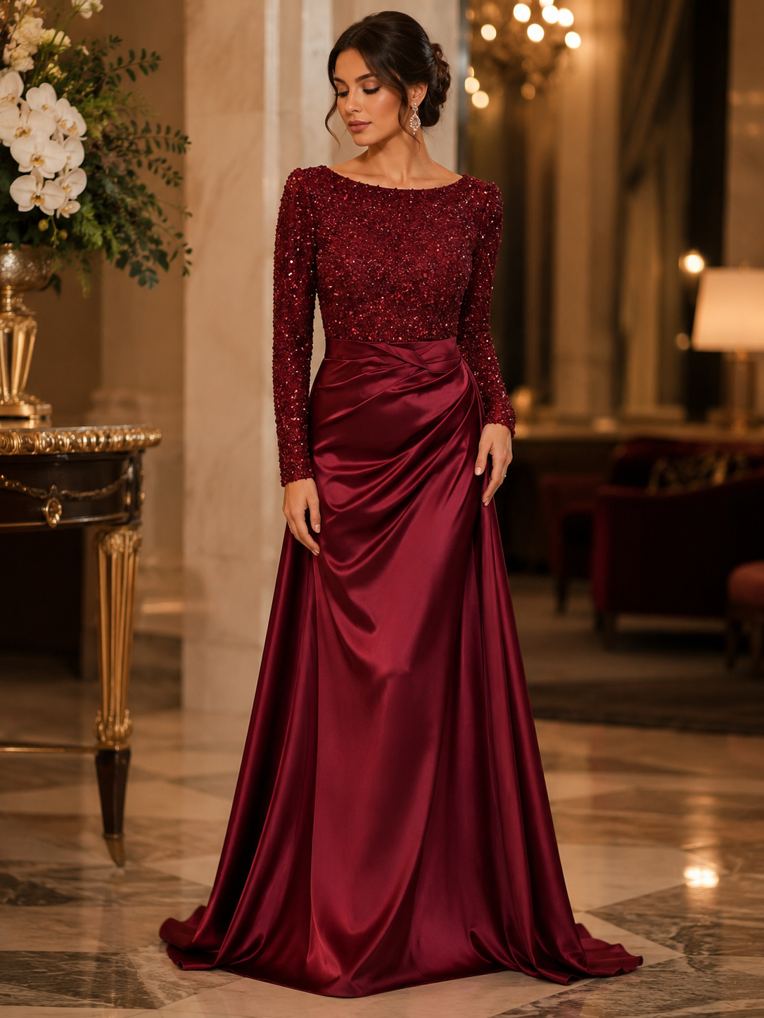 Burgundy Sequin Satin Evening Dress