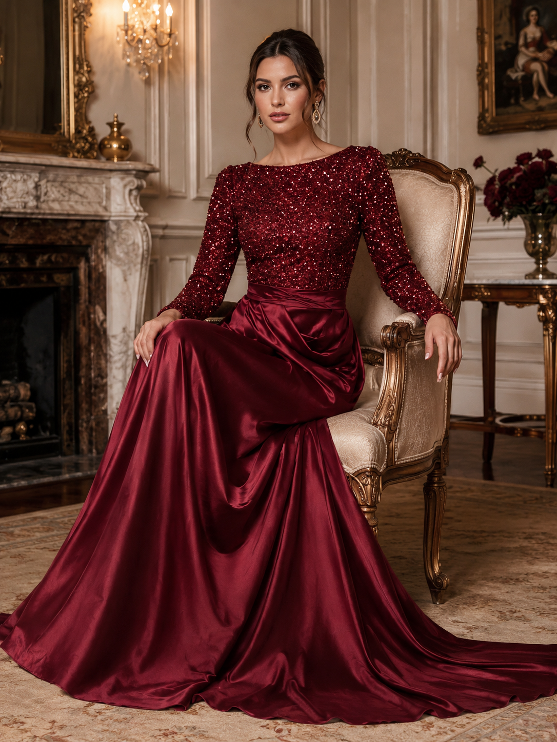 Burgundy Sequin Satin Evening Dress