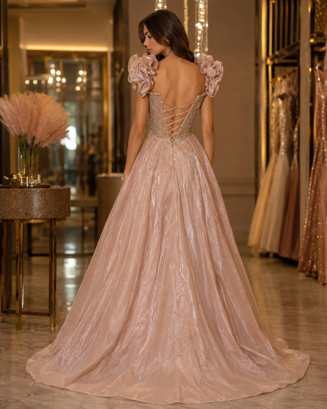 Luxury Gold Blush Evening Gown with Beaded Details