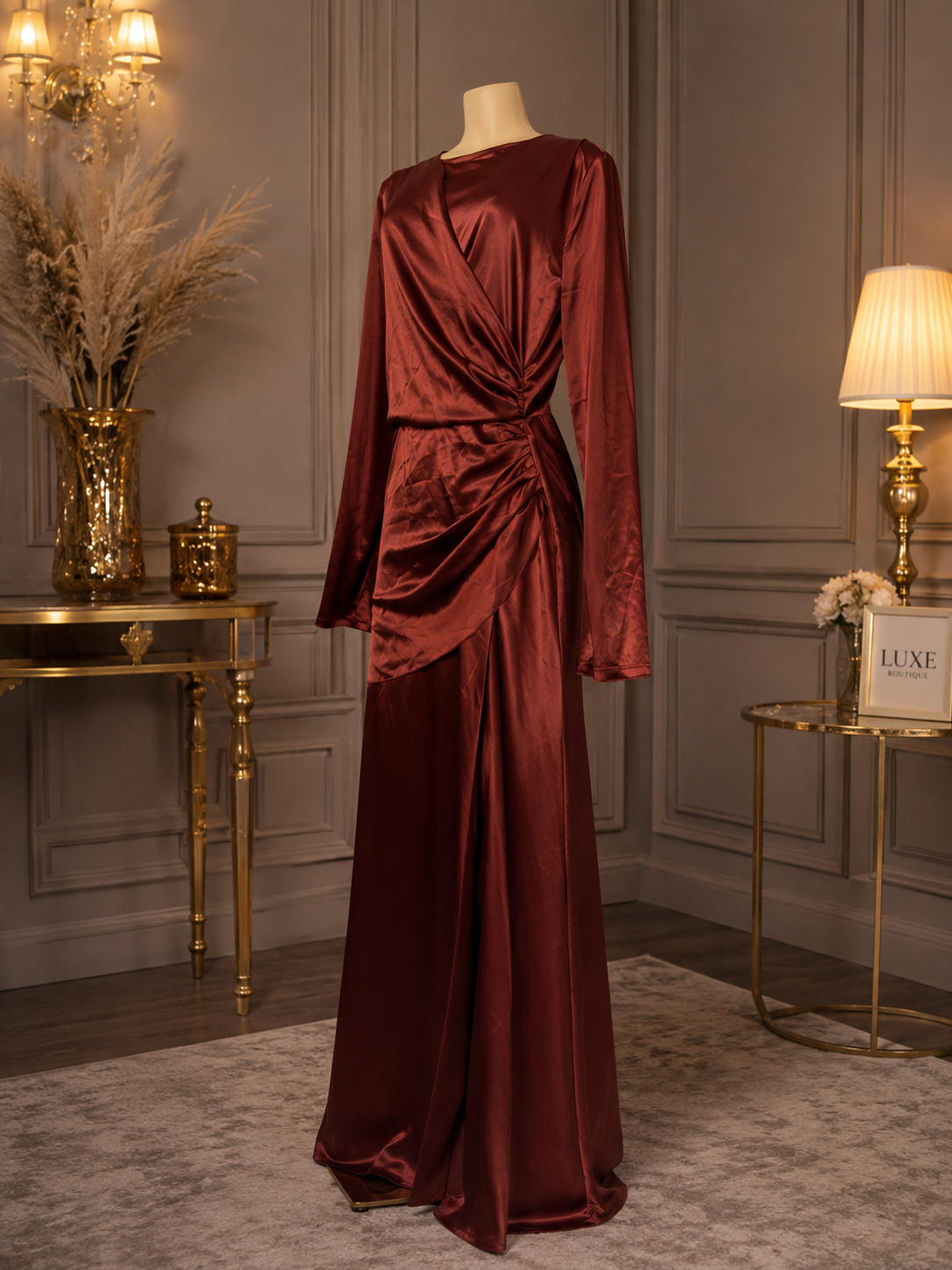 Rust Satin Long Sleeve Draped Maxi Dress