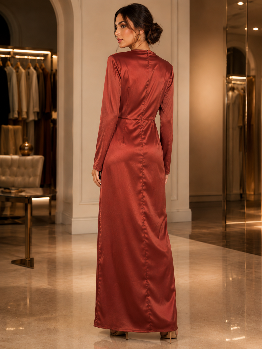 Rust Satin Long Sleeve Draped Maxi Dress