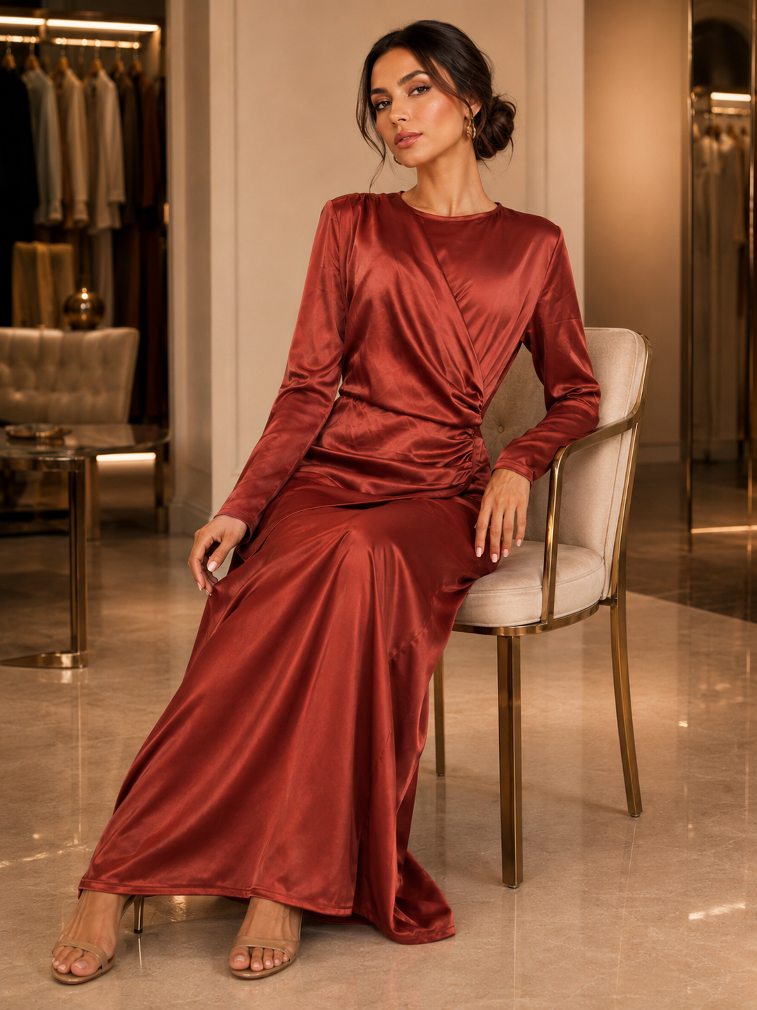 Rust Satin Long Sleeve Draped Maxi Dress