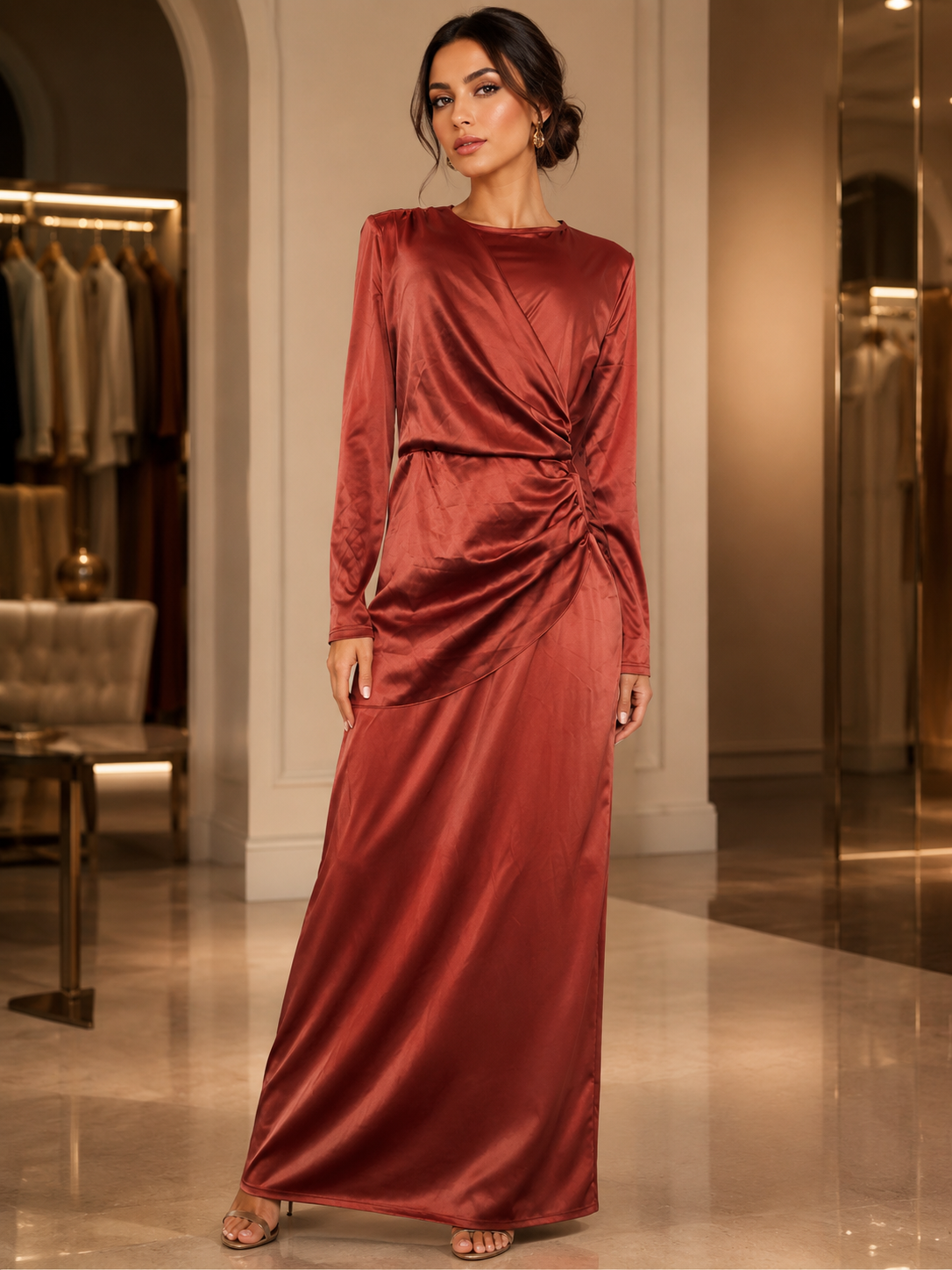 Rust Satin Long Sleeve Draped Maxi Dress
