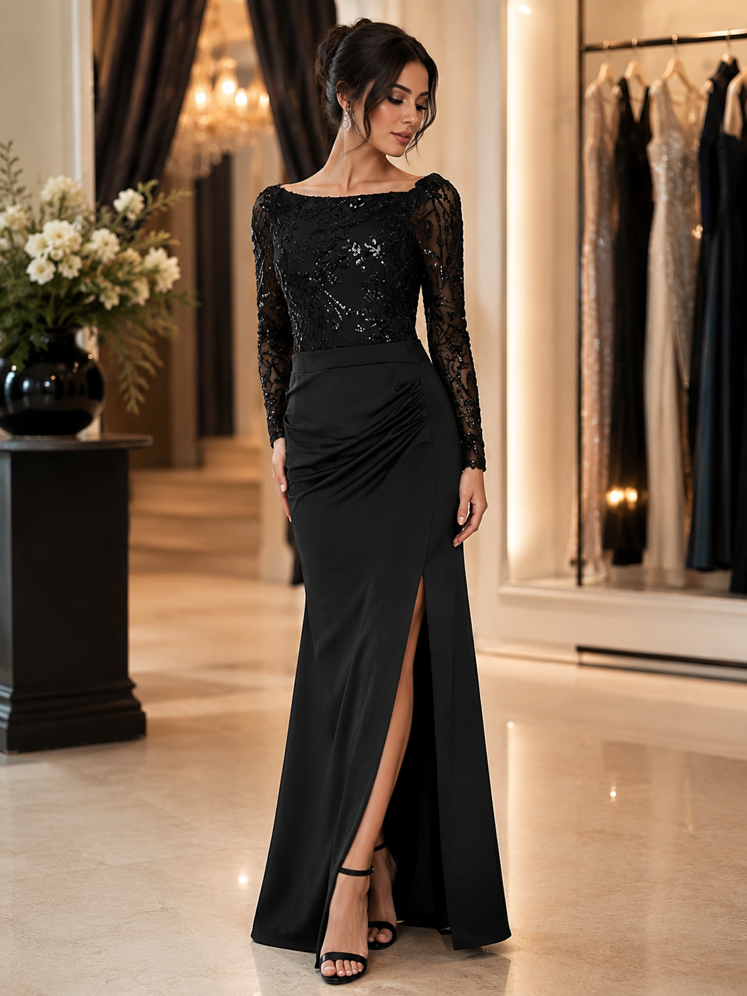 Black Sequin Lace Sleeve Evening Dress