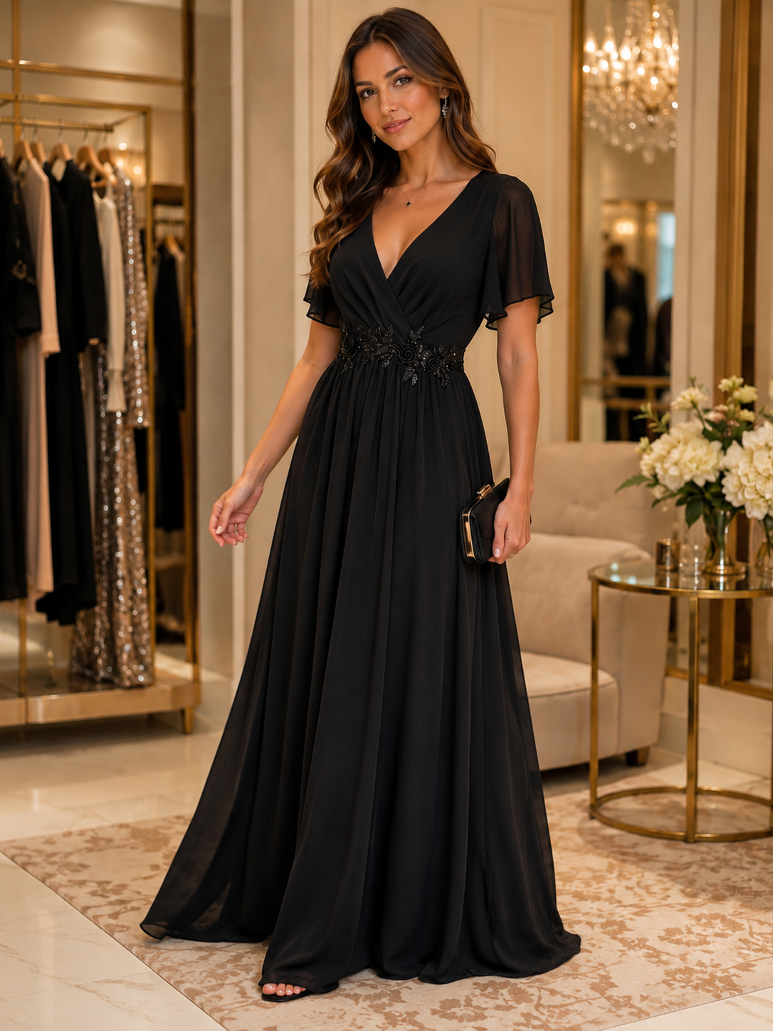 Black Chiffon V-Neck Evening Maxi Dress