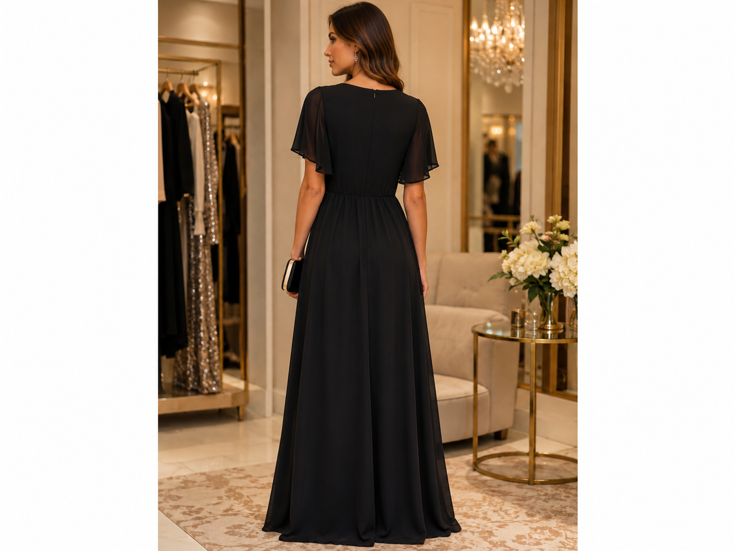 Black Chiffon V-Neck Evening Maxi Dress