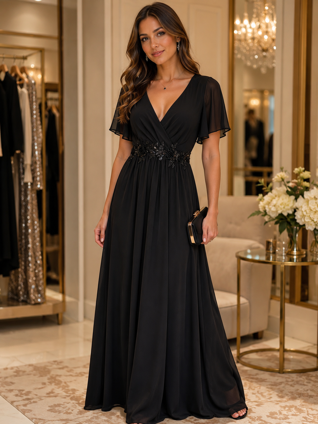 Black Chiffon V-Neck Evening Maxi Dress