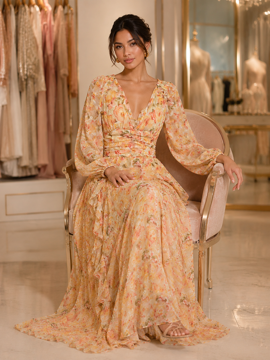 Floral Chiffon V-Neck Maxi Dress