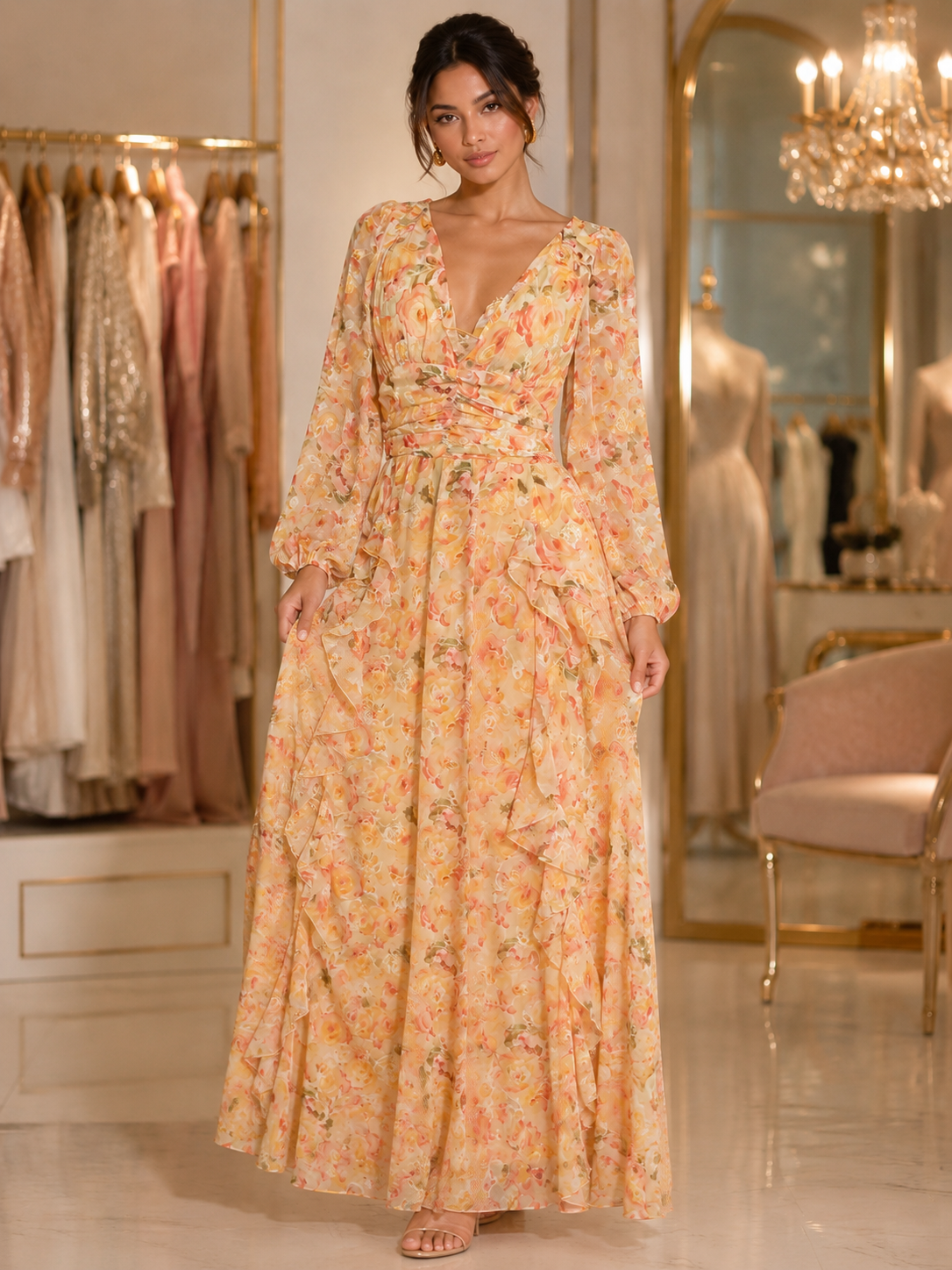 Floral Chiffon V-Neck Maxi Dress