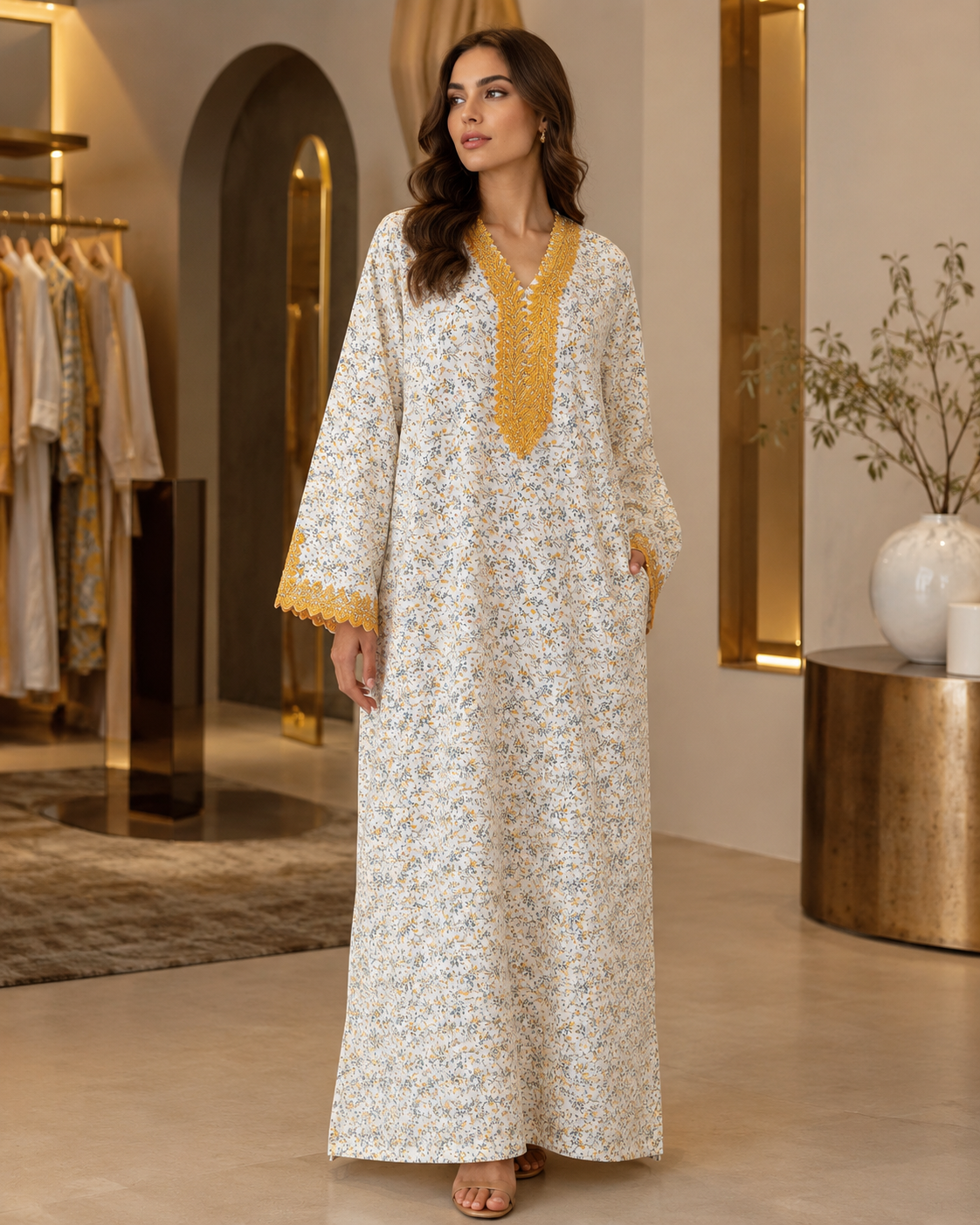 Floral Crepe Abaya with Gold Embroidery