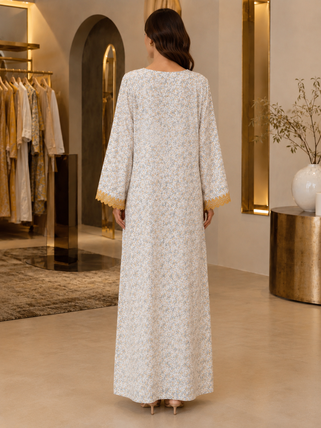 Floral Crepe Abaya with Gold Embroidery