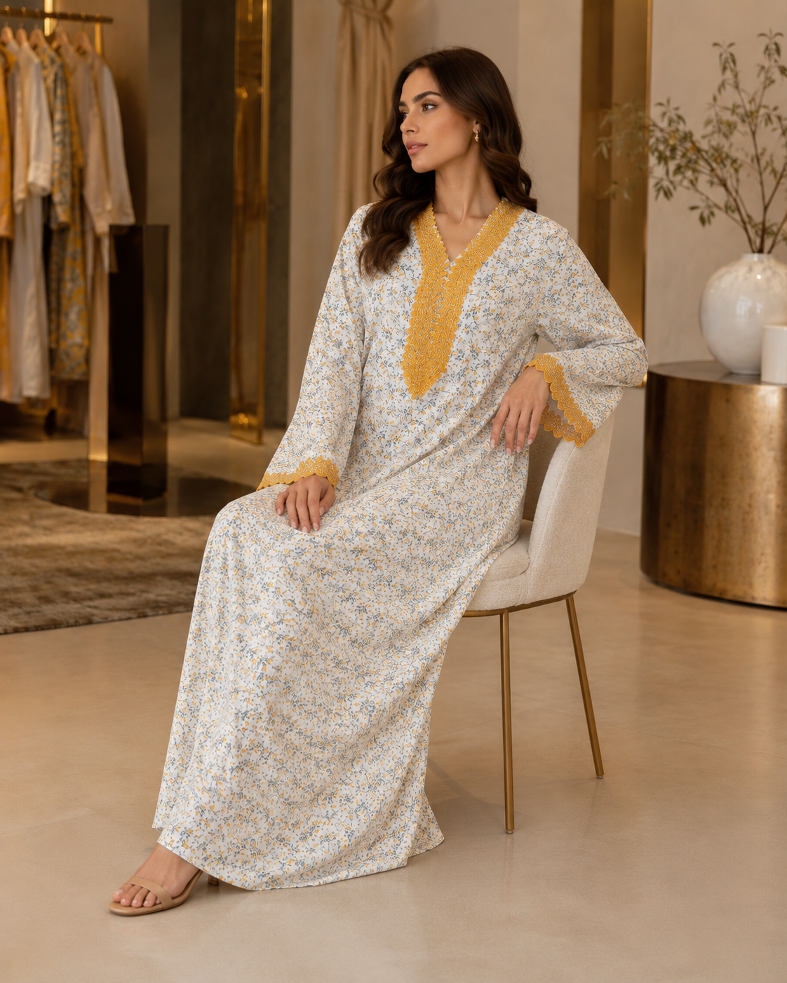 Floral Crepe Abaya with Gold Embroidery