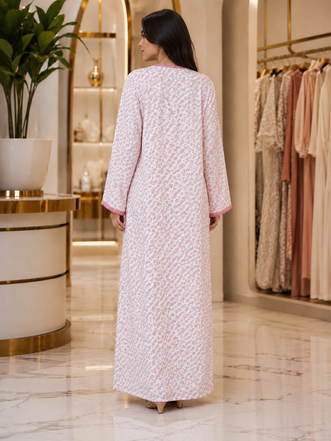 Pink Floral Crepe Abaya with Embroidered Neckline