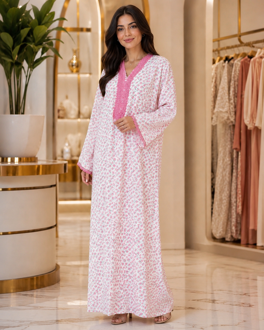 Pink Floral Crepe Abaya with Embroidered Neckline