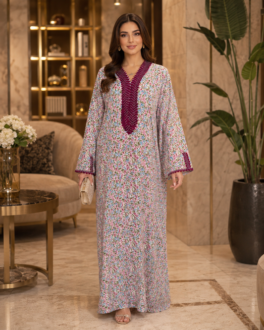 Multicolor Floral Crepe Abaya with Burgundy Embroidery