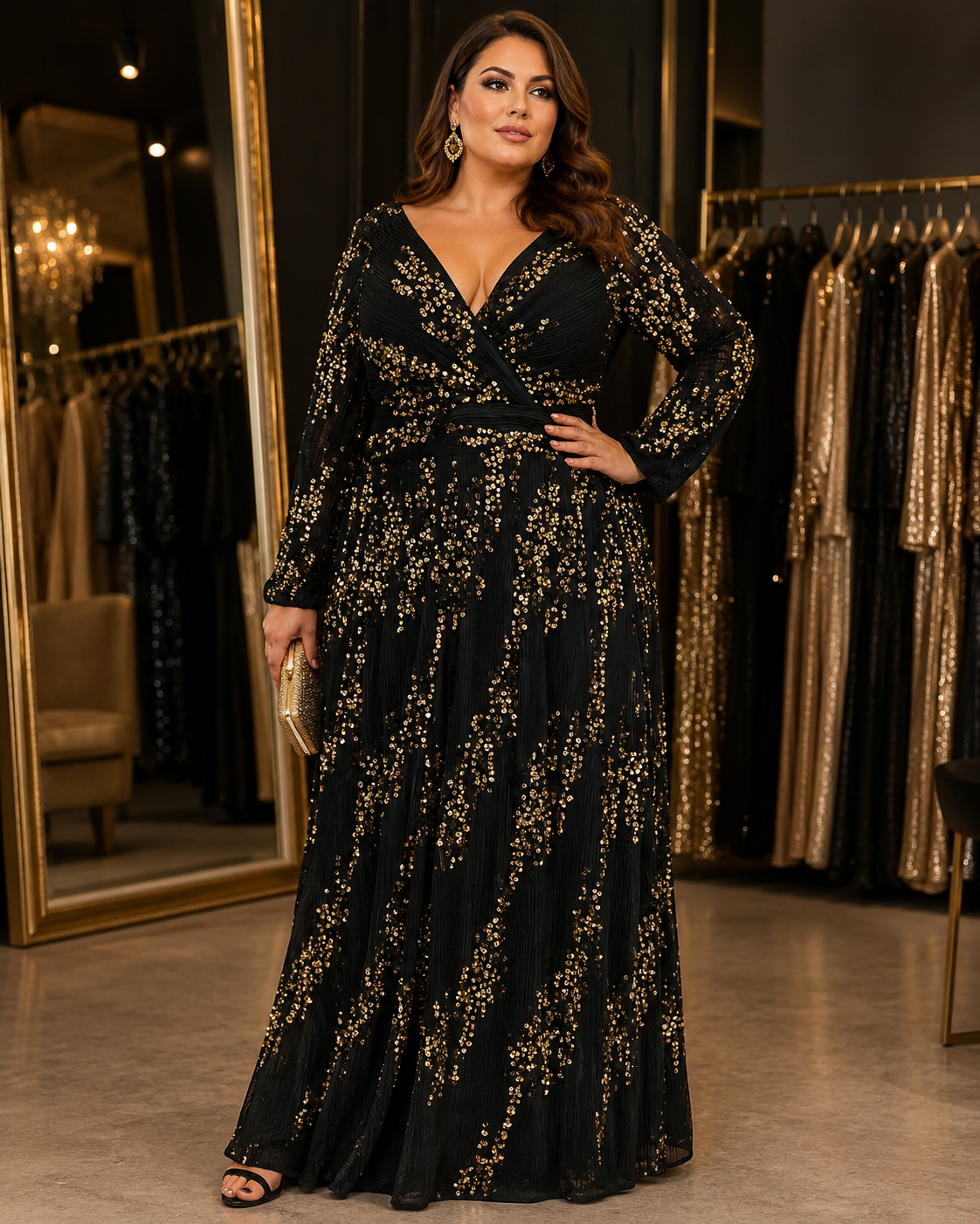 Plus Size Black & Gold Sequin Evening Dress