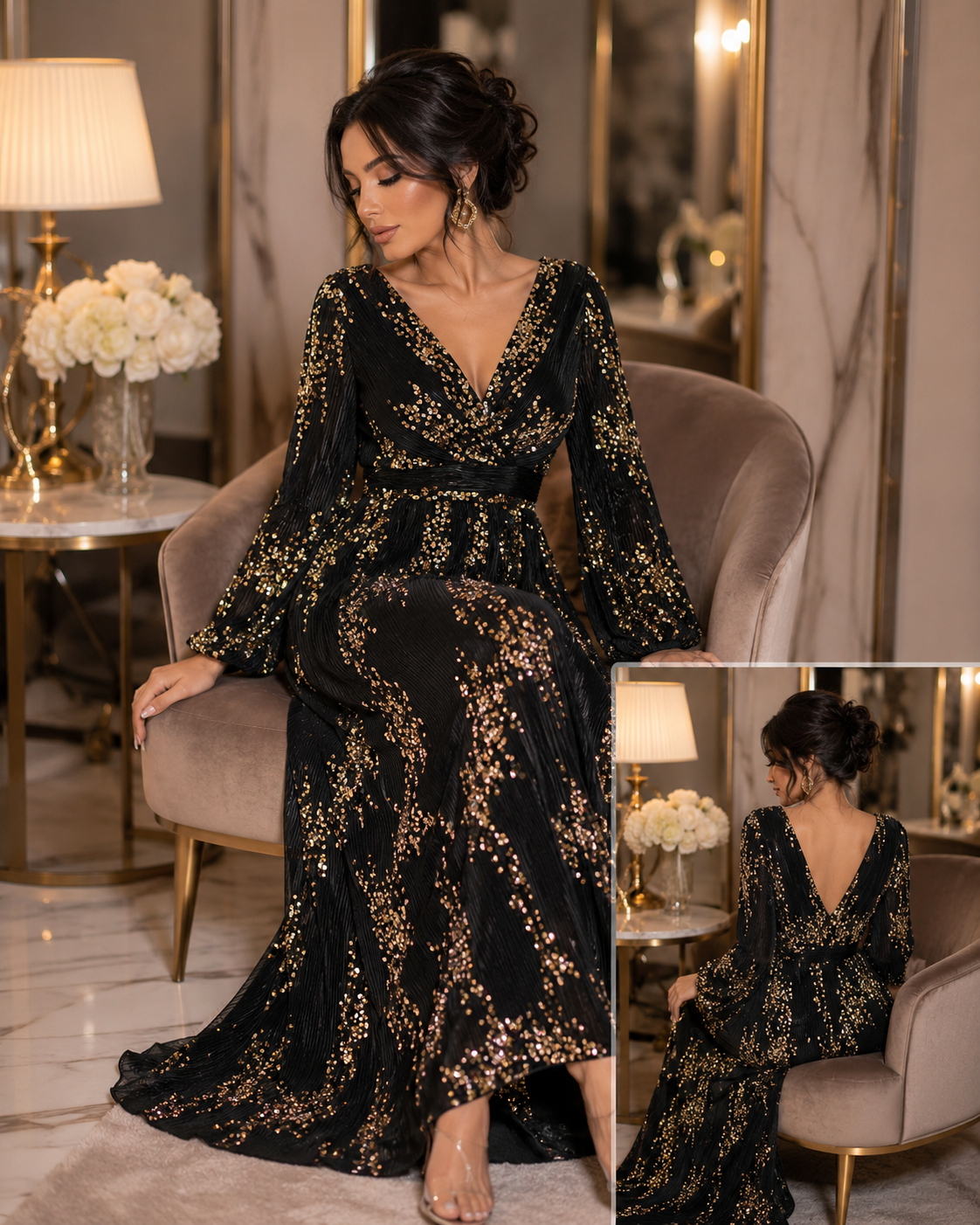 Plus Size Black & Gold Sequin Evening Dress