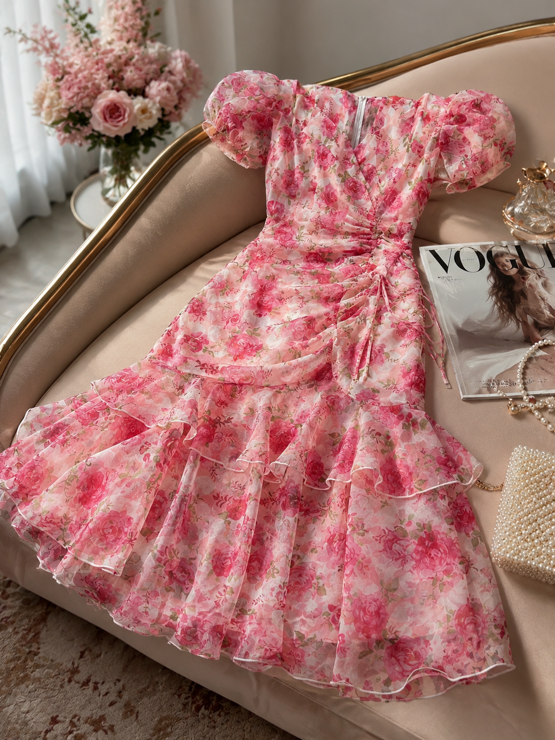Women's Elegant Pink Floral Chiffon Wrap Midi Dress