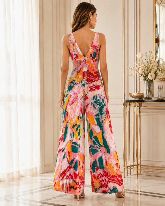 Colorful Pleated Wide-Leg Jumpsuit