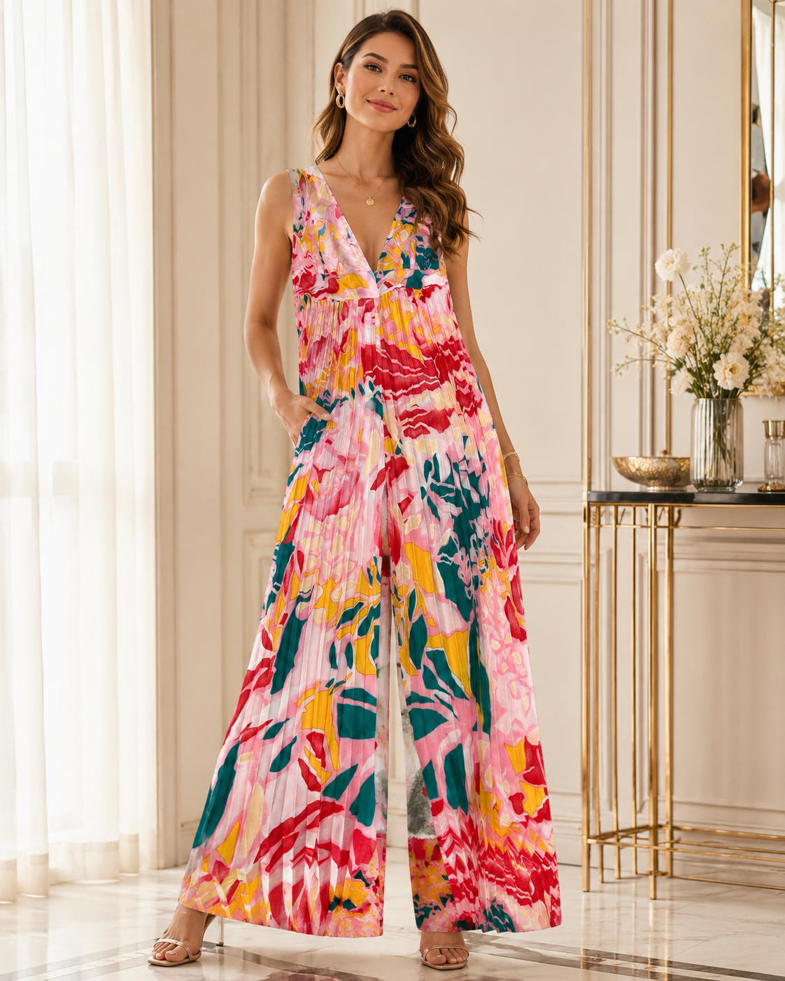 Colorful Pleated Wide-Leg Jumpsuit