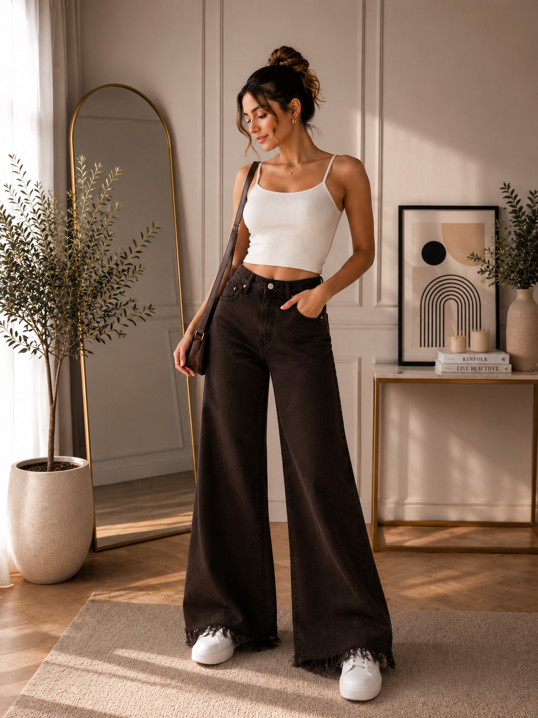 Women’s Black Wide Leg Jeans with Frayed Hem