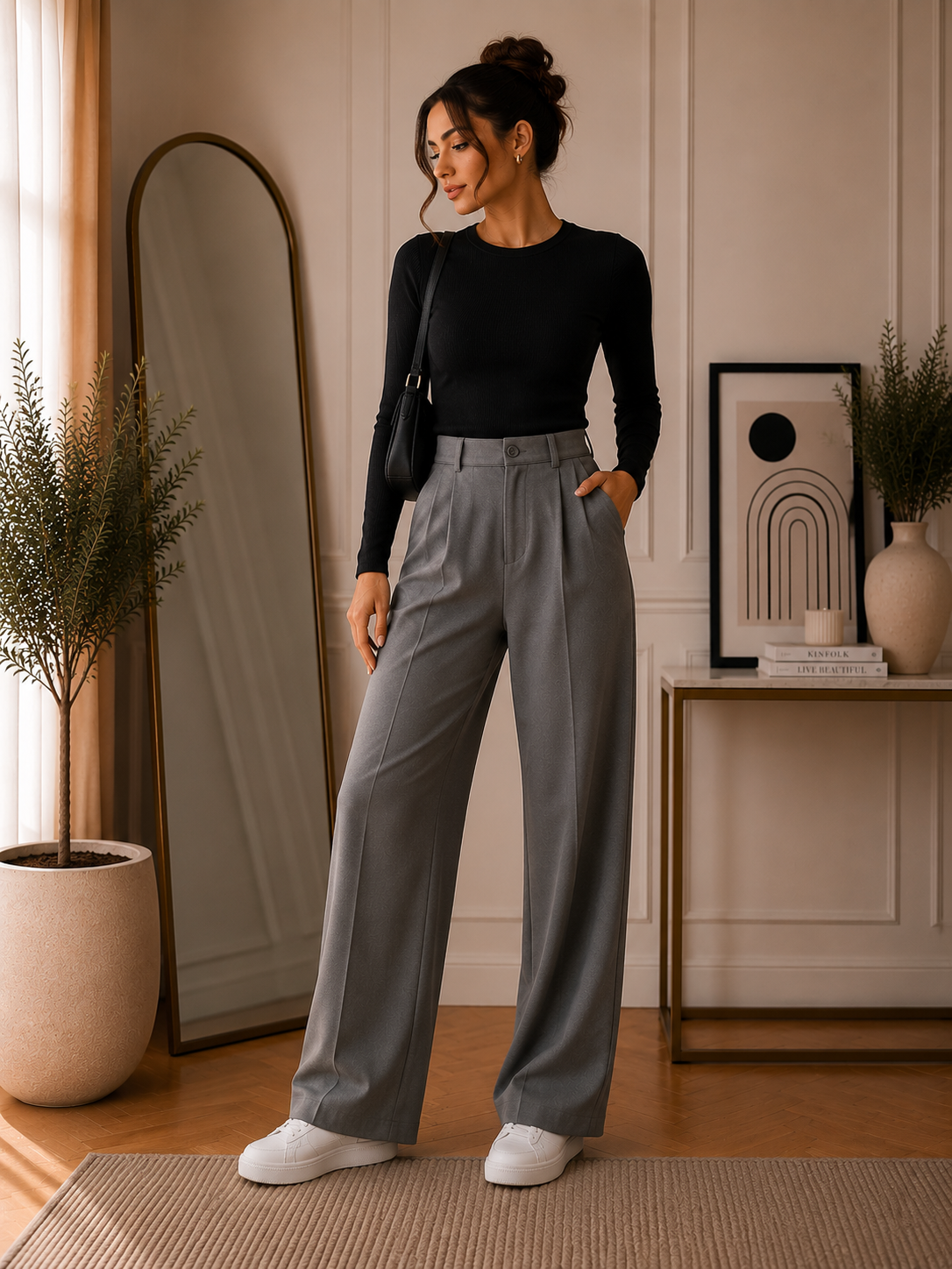 Women’s Grey Wide Leg Crepe Pants