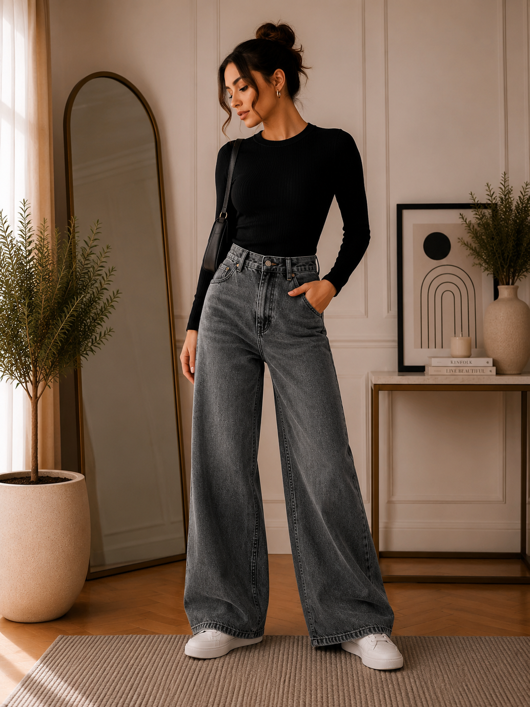 Women’s Washed Grey Wide Leg Jeans